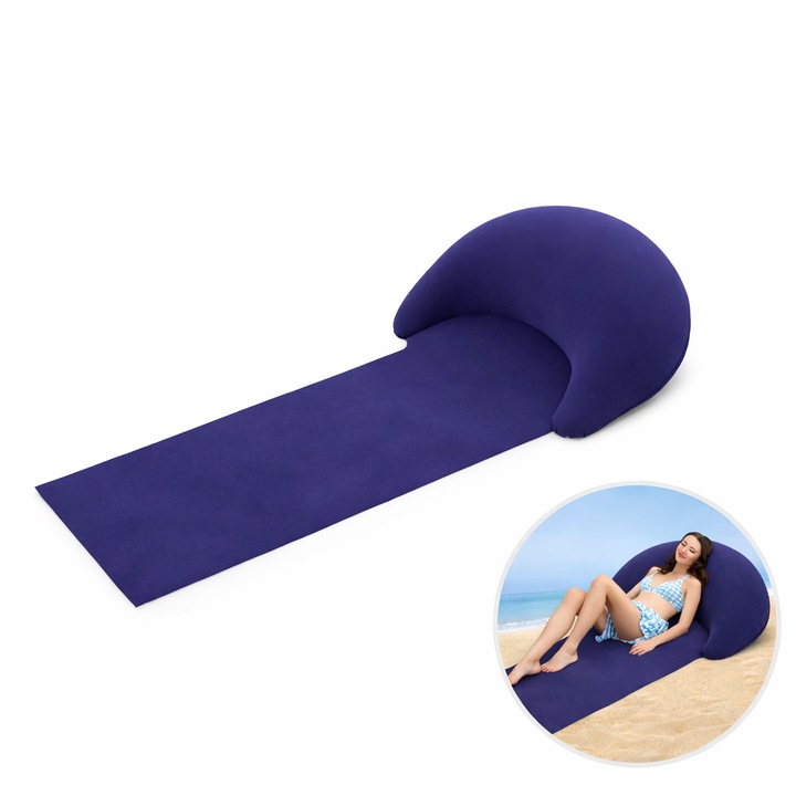 Saltea pliabila de plaja, 160 x 70 cm, cu perna gonflabila integrata, usoara si portabila, pentru plaja, camping, picnic si relaxare langa piscina，Albastru inchis