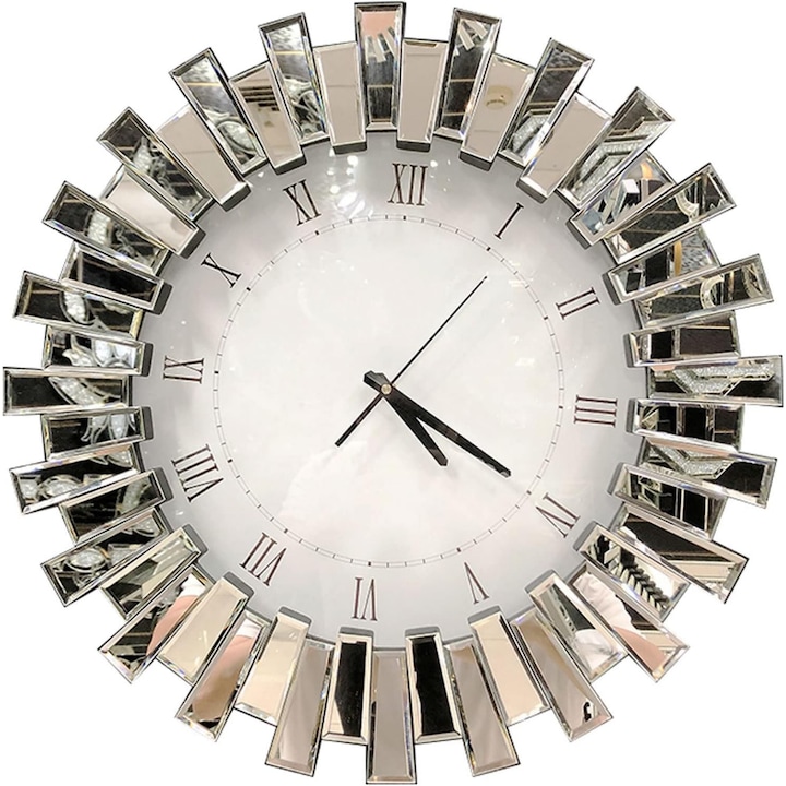 Dekoratív falióra, napsugár típusú, fazettált tükrökkel, 55 cm átmérőjű, csendes kvarc mechanizmus, üveg számlap, római számok, ezüst