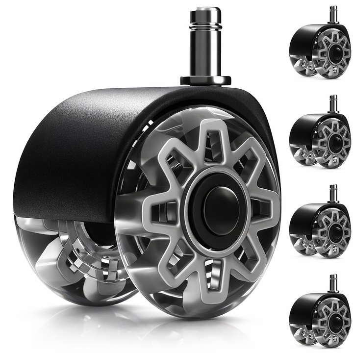 Set 5 roti pentru scaun birou din silicon si otel 11x22 mm, Roti pivotante silentioase care nu zgarie parchetul, Rulmenti metalici si rotire 360 grade, Gri