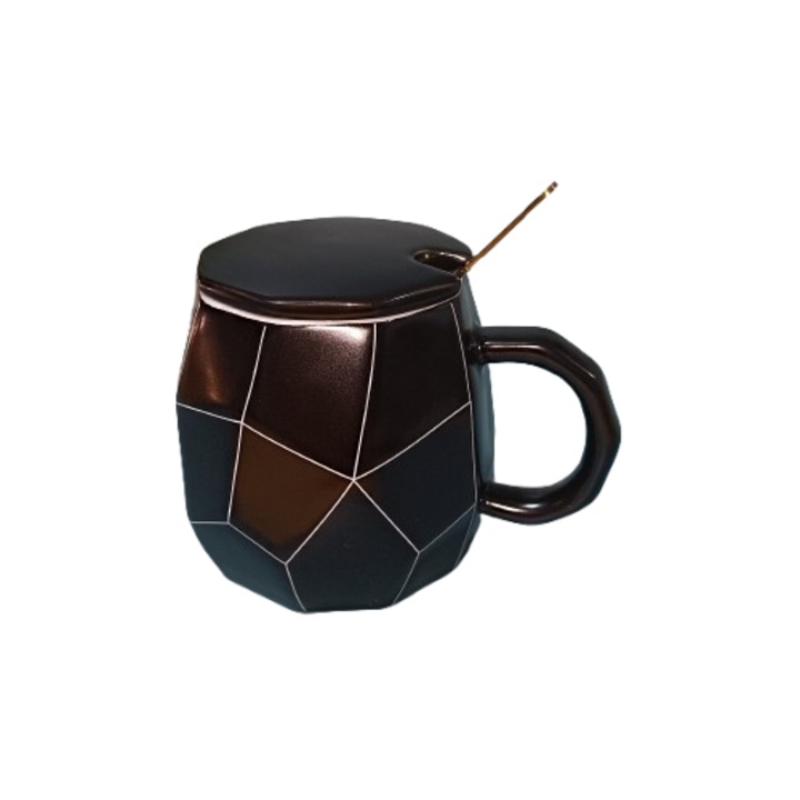 Cana ceramica cu capac si lingurita – design geometric, negru
