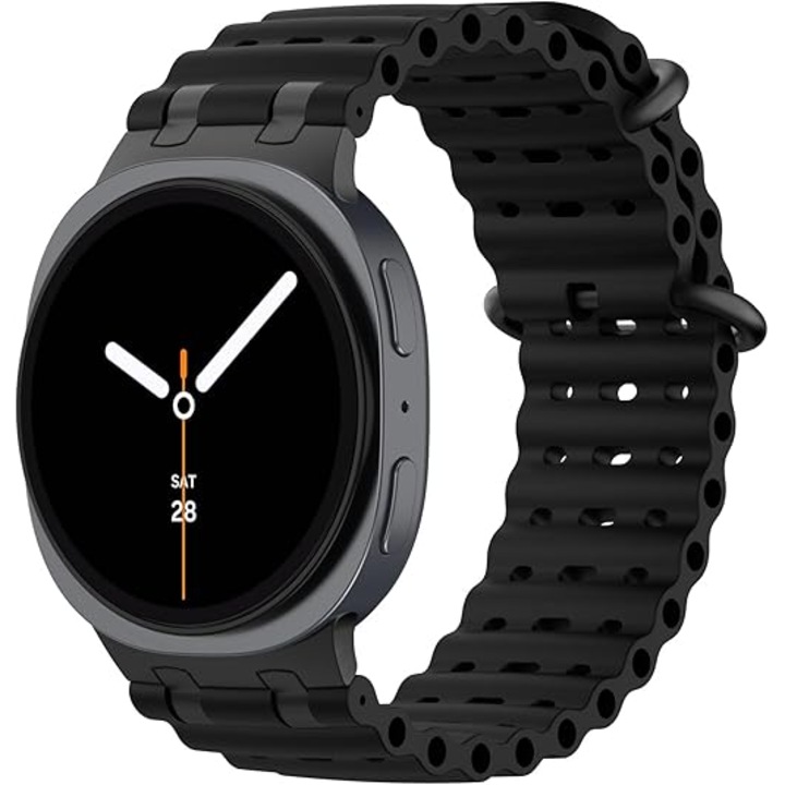 Curea Silicon MTP compatibila cu Samsung Galaxy Watch 8 40mm/44mm, Insertii metalice, Catarama neagra, Quick Release, Negru