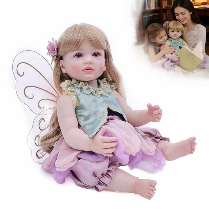 Кукла Reborn, Wacorresi, Кукла бебе, с пеперудени крила, Биберон и залъгалка, С реалистичен и детайлен вид, Винил, За ролеви игри, игри за грижа и колекционери, 55 см, Многоцветен