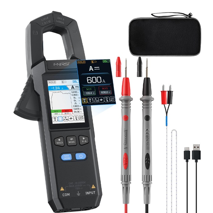 Цифров клещов мултиметър, Duueyct, DMC-100, AC/DC 600 A, DC 1000 V, AC 750 V, 2.0 инчов цветен TFT дисплей, батерия, размери 193×74×32 mm, USB-C, преносим, сив