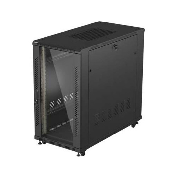 Fém szekrény, Lanberg, Rack 19" 22U, 600x1200, fekete, üvegajtók