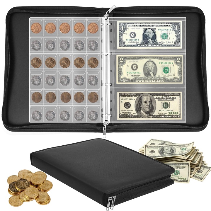 Album pentru colectionarea de monede, bedee, 24 pagini, cu 300 de buzunare pentru monede si 36 de buzunare pentru bancnote, Doua dimensiuni de monede, Pentru euro, dolari, lire sterline, banuti, 4.5 x 26 x 34.5cm, Negru