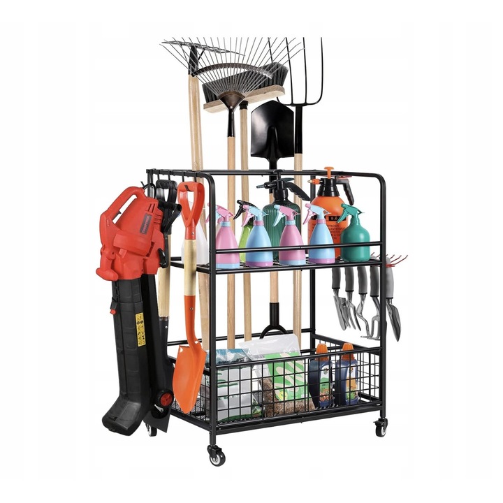 4Garden fém kerti szerszámrendező, mobil, kerekekkel, fekete, 65x40x94cm