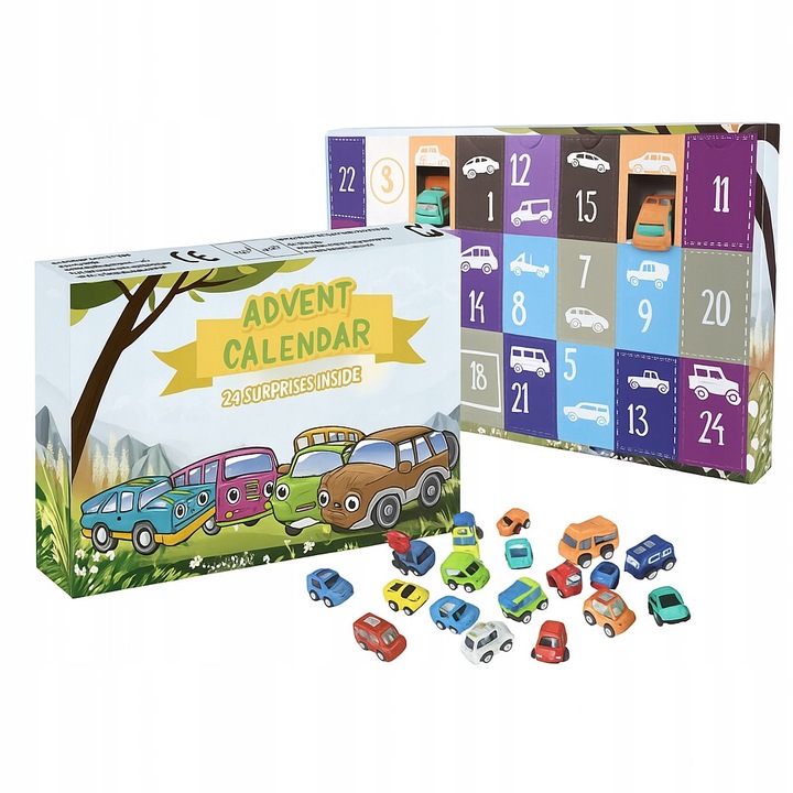 Adventi naptár 24 súrlódásos meghajtású kisautóval, mérete 37,5x23x3cm, többszínű
