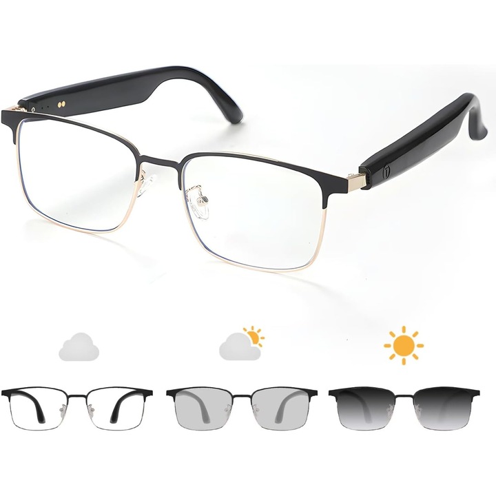 Ochelari inteligenti audio Bluetooth, ochelari cu lumina albastra pentru barbati si femei, microfon si difuzoare de sunet deschise, incarcare magnetica, lentile de ochelari de soare polarizati care schimba culoarea, asistent vocal