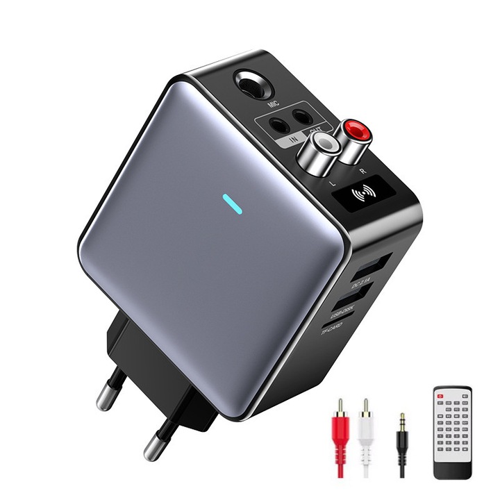 Adaptor Bluetooth Multifunctional 4 in 1, Bluetooth 5.3 Transmitator si Receptor, Telecomanda, TF Card/USB/AUX Jack 3.5 mm pentru Casti, Functie de Incarcare Rapida DC2.1A, Suport microfon, 20 de metri de comanda la distanta, OUYLAF, Gri