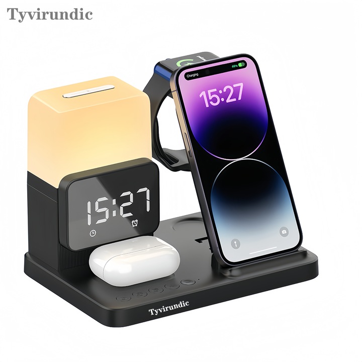 Statie de Incarcare Wireless 6 in 1, Neagra, cu Ceas Digital si Lumina de Veghe, pentru Dispozitive Apple