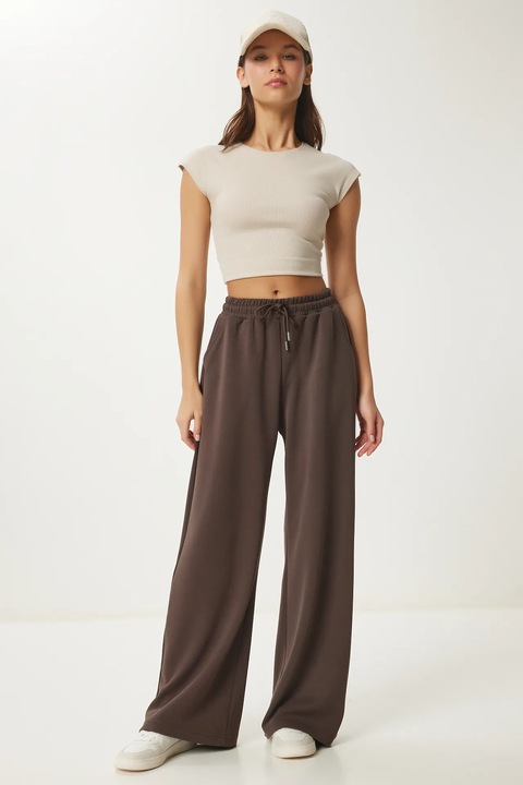 Pantaloni dama, Happiness Istanbul, pantaloni de trening, picior lat, maro, textil