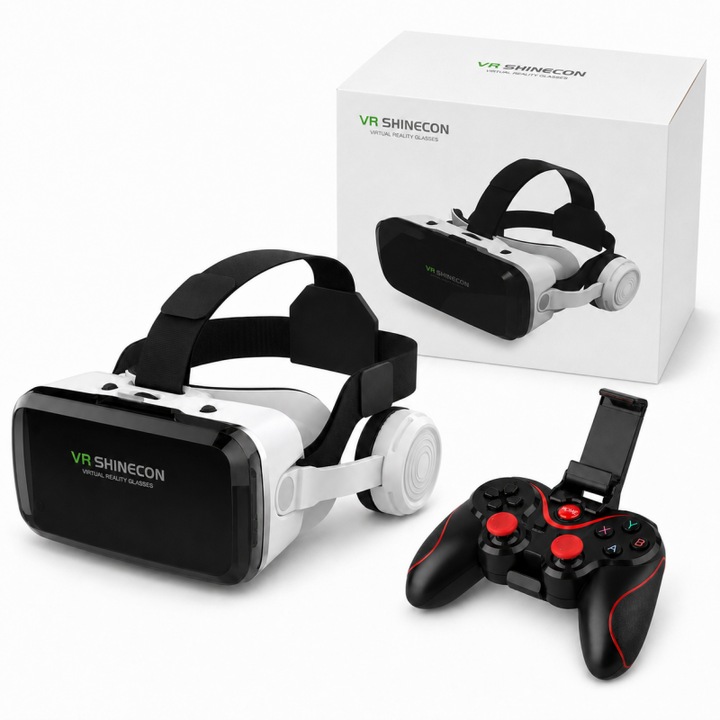 Ochelari AjieQaQ® 3D VR, compatibili cu dispozitive iOS si Android de 4,5-6,7 inci, echipati cu controler de jocuri, design ergonomic, compatibili cu jocuri VR, videoclipuri si filme, model universal, combinatie de culori alb-negru