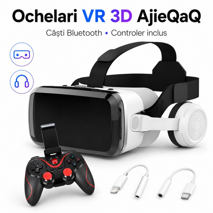 Ochelari AjieQaQ® 3D VR, compatibili cu dispozitive iOS si Android de 4,5-6,7 inci, echipati cu controler de jocuri, design ergonomic, compatibili cu jocuri VR, videoclipuri si filme, model universal, combinatie de culori alb-negru