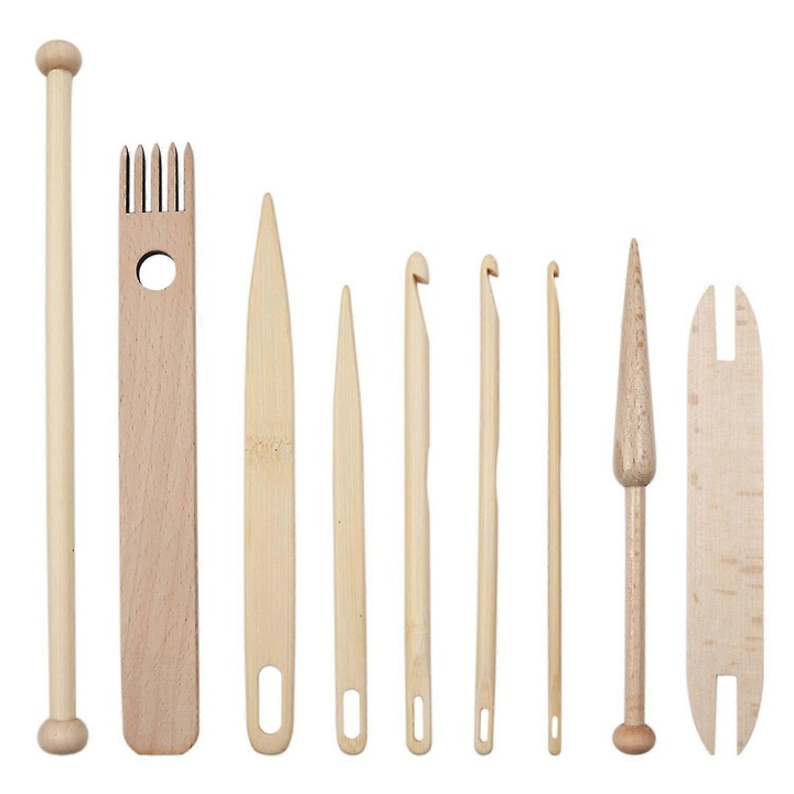 Set 9 unelte de tesut, bete de tesut din lemn, accesorii crosetat, culoare lemn