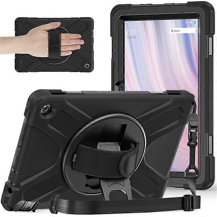 Husa tableta protectie tripla cu suport rotativ si curea negru 10inch