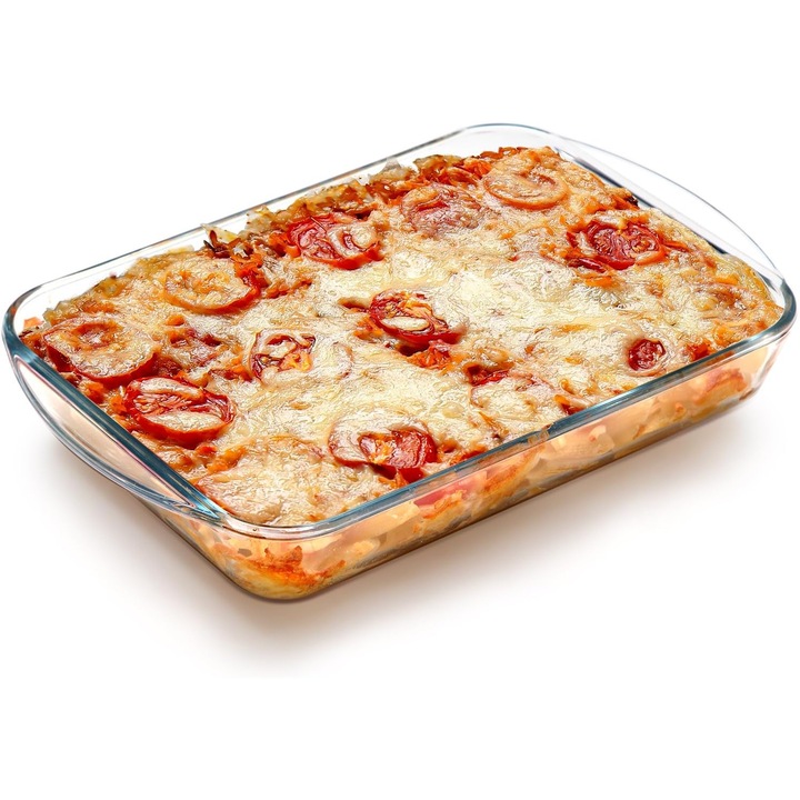 Tava de copt rectangulara din sticla, 1,6 l, 30x17,5x5,5 cm, cu manere, rezistenta la cuptor si microunde