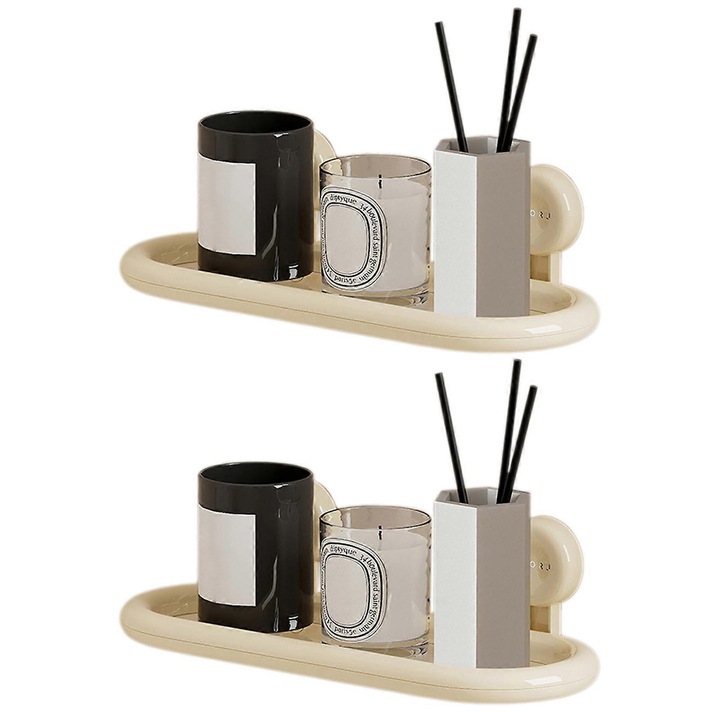 Suport de baie cu ventuze, dublu strat, design triunghiular, rezistent la apa, crem