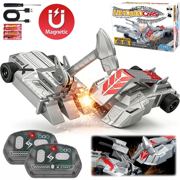 Masinuta cu Telecomanda, BYONDSELF®, 2 Piese, Mod de Lupta pentru Doi Jucatori, Tancuri si Vehicule Blindate, cu Rotire la 360°, 4 Baterii pentru Telecomanda incluse, Argintiu