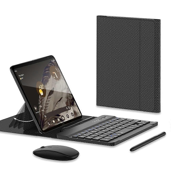 Tastatura Bluetooth cu stilou si husa din piele pentru tablete, set, negru, pentru Huawei Mate X si Google Pixel Fold