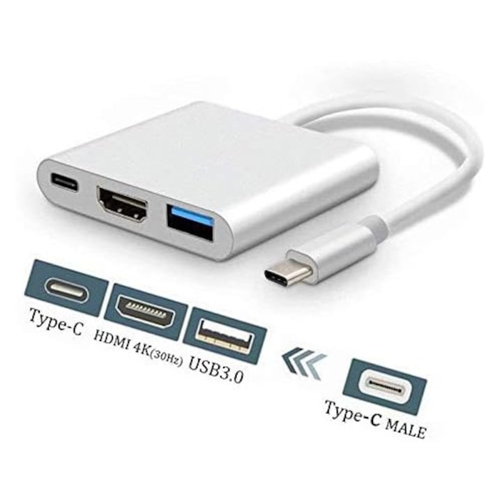 Адаптер 3-в-1 USB-C към HDMI, 4K поддръжка, USB 3.0 порт, за Mac, компактен
