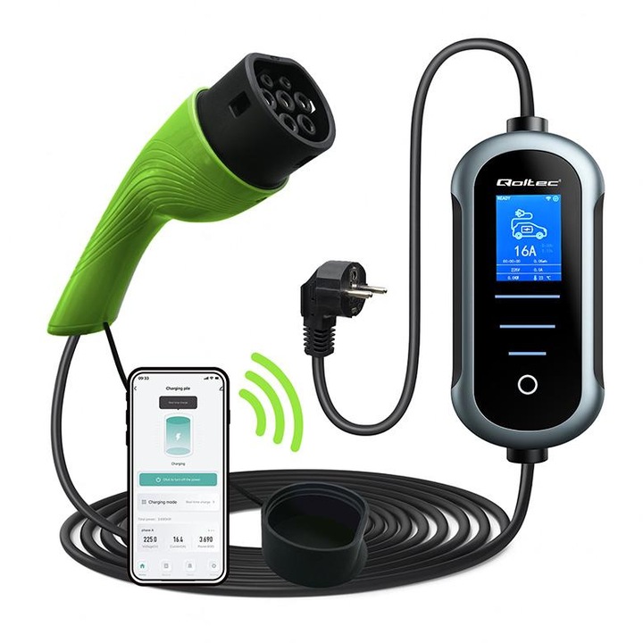 Incarcator Qoltec pentru vehicule electrice, 2 in 1, 3.5kW, 230V, Wi-Fi, 5m