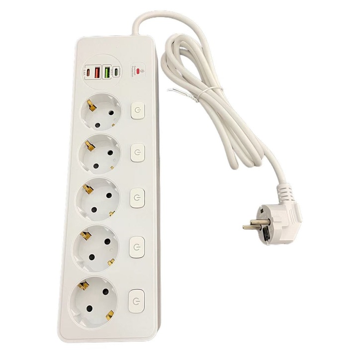 Разклонител с 5 контакта с индивидуални превключватели, 3250W, 1 бързо зареждане PD 20W порт, 2 USB, 1 Type-C, бял