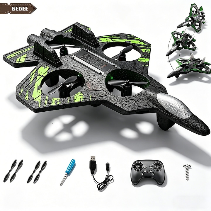 Avion cu telecomanda, Bedee, Avion cu reactie RC, echipat cu rabatare la 360° si lumini LED, EPP, elicopter cu telecomanda, rezistent la impact si durabil, Negru + Verde