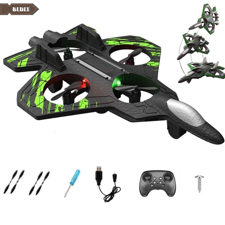 Avion cu telecomanda, Bedee, Avion cu reactie RC, echipat cu rabatare la 360° si lumini LED, EPP, elicopter cu telecomanda, rezistent la impact si durabil, Negru + Verde