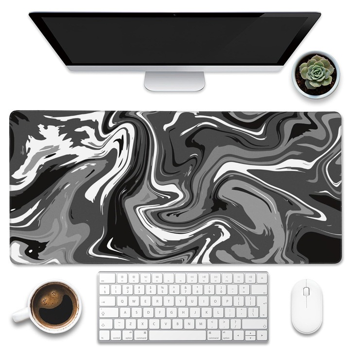 Pad-ul mouse-ului, Covoras Gaming XL 300x800 mm, Alb-Negru - Margini Cusute, Baza Cauciuc Antiderapant, pentru Mouse, Tastatura si Laptop