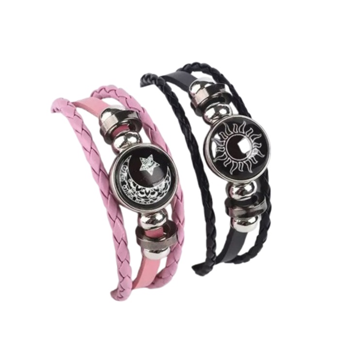 Bratara din piele impletita, unisex, cu pandantiv tematic Soare-Luna, multistrat, vintage