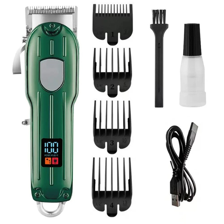 Hajvágó, trimmer, LCD kijelzővel, elektromos, nagy teljesítményű és USB-töltésű, zöld, 1 db