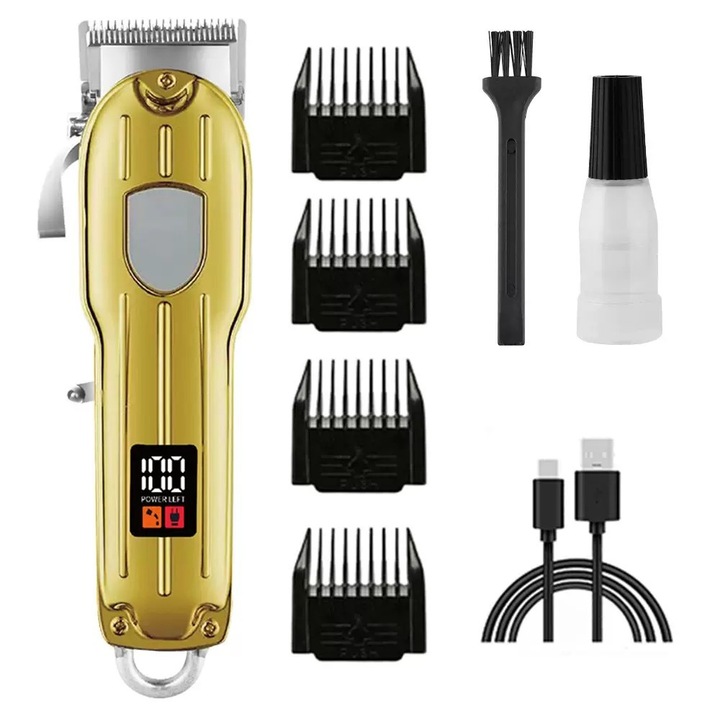 Hajvágó trimmer, LCD kijelző, nagy teljesítményű, elektromos otthoni használatra, 4 fésűvel és USB töltéssel, arany, 1 db