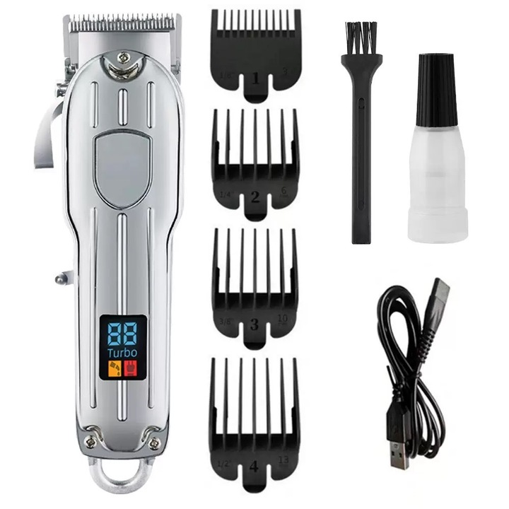 Elektromos hajvágó/trimmer, LCD kijelzővel, nagy teljesítményű, USB töltés, otthoni használatra, ezüst, 1 db