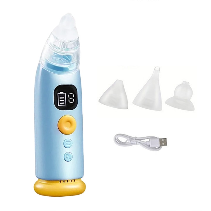 Aspirator nazal electric pentru bebelusi, LXNZUHN, 3 capete de aspiratie din silicon, 9 viteze, 17x4.5x4.5cm, albastru
