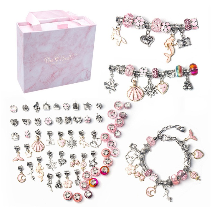 Set de bratari pentru fetite, unicorni, perle colorate, 6-10 ani