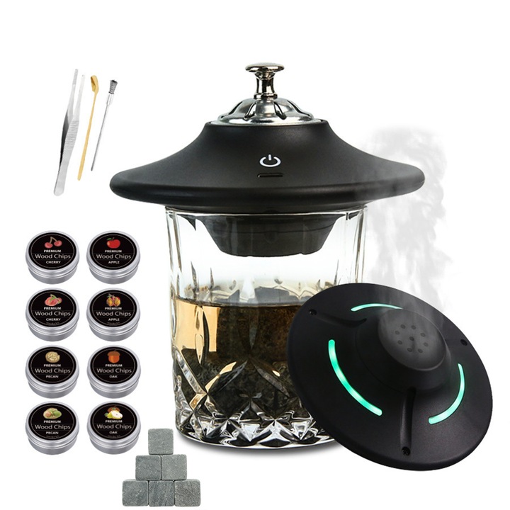 Set fumator de cocktailuri OVERTANG, kit electric pentru whiskey cu 8 arome de chipsuri de lemn, accesorii pentru bauturi, cadou pentru barbati, tata, sot