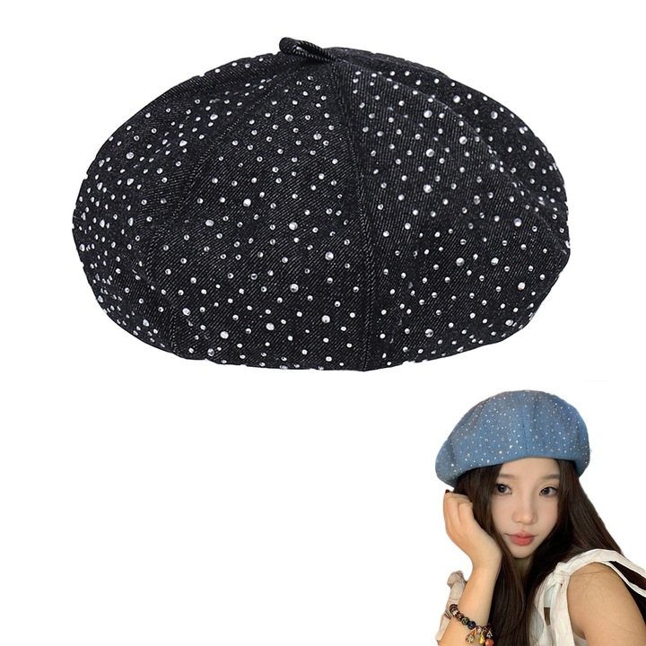 Caciula dama TRADERPLUS beret denim, neagra, cu cristale, dimensiune ajustabila