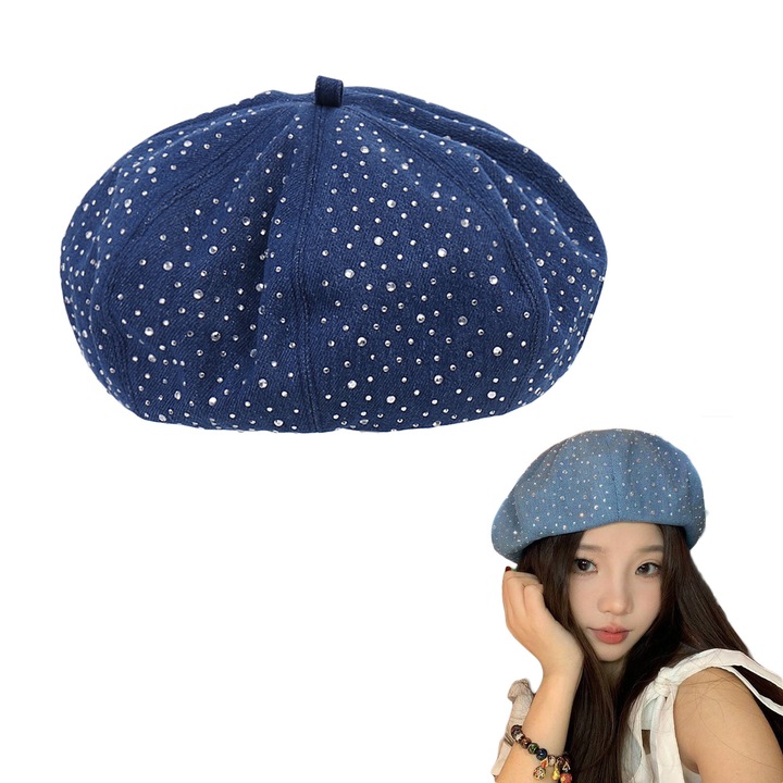 Bereta dama, TRADERPLUS, denim, albastru, 21x23cm, cu cristale