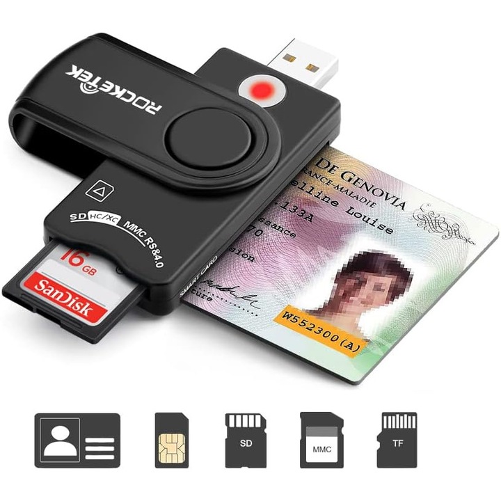 Cititor carduri MingZhi, USB, Negru, compatibil cu carduri CAC și Micro SD, SDHC/SDXC
