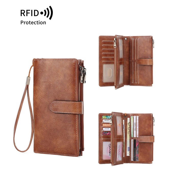 Portofel dama, BOMSTOM, Piele, Protectie RFID, Maro, 10.5x2x19.8cm