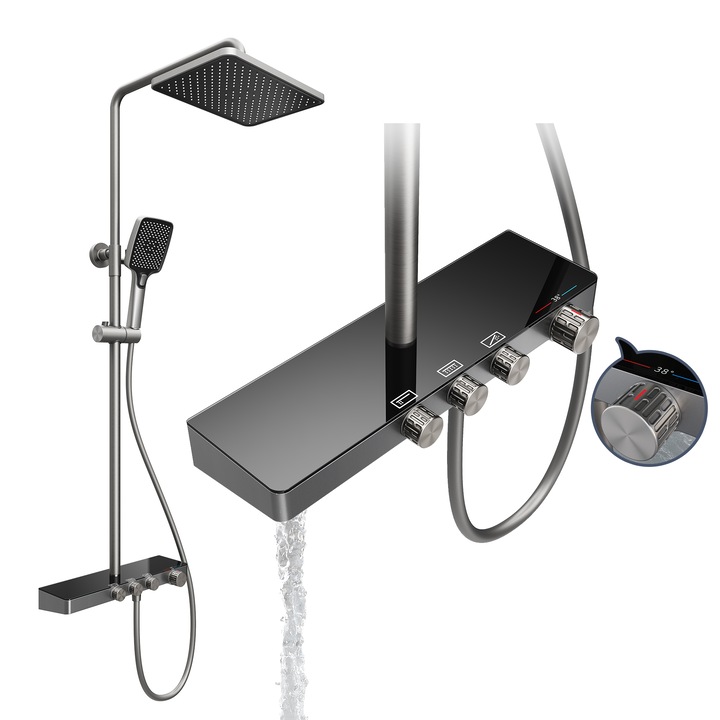 Coloana de Dus Termostatica SONNI, Gri, Instalare Rapida, 3 Moduri de Apa, Inaltime si Unghi Reglabile