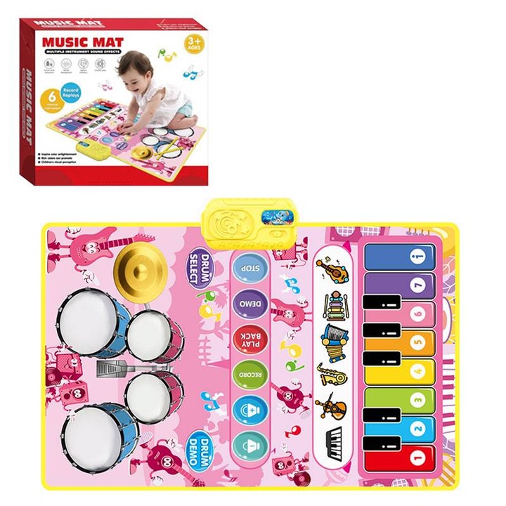 Centrul de activitati pentru bebelusi, Pian muzical, 2 in 1, covor de joaca cu tobe jazz, roz, 80x56.5cm