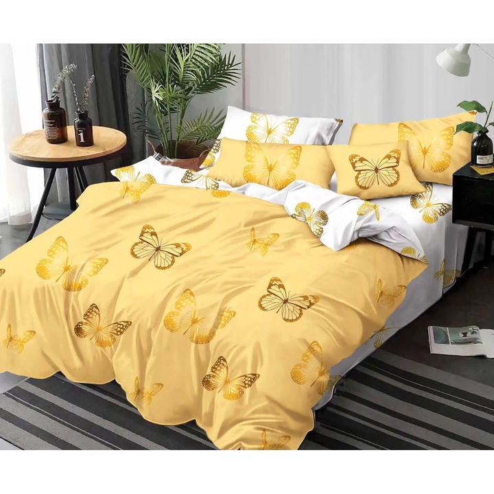 Lenjerii De Pat Din Finet 6 Piese - Galben Cu Fluturi