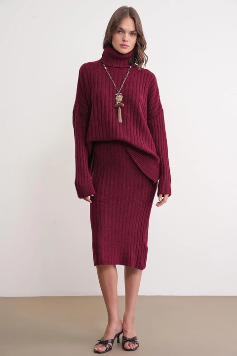 Fusta, Mixray, cu talie inalta, rosu, tricot, One Size INTL