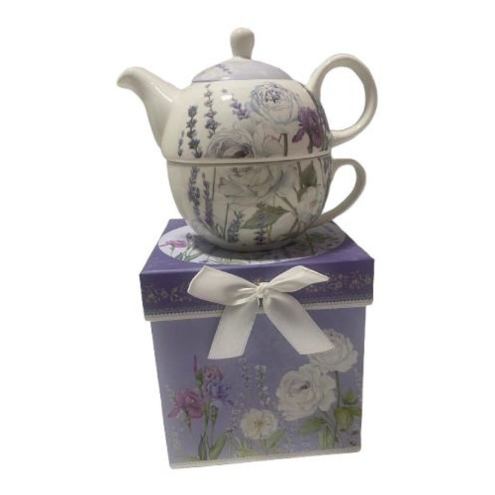 Ceainic si ceasca, din ceramica, decor floral, alb/lila