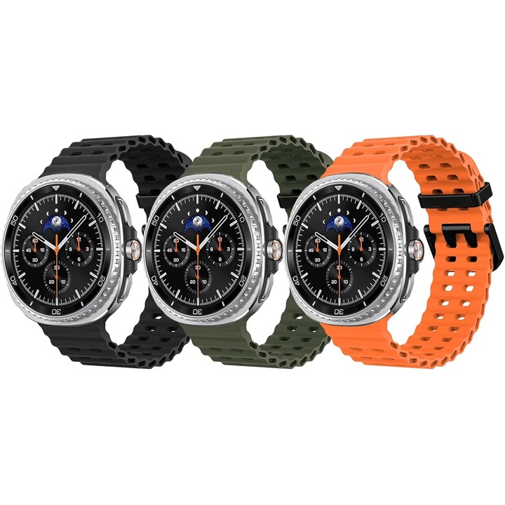 Set 3 Curele Silicon MTP compatibila cu Samsung Galaxy Watch 8 Classic 46mm, Catarama neagra, Quick Release, Orange + Army Green + Negru