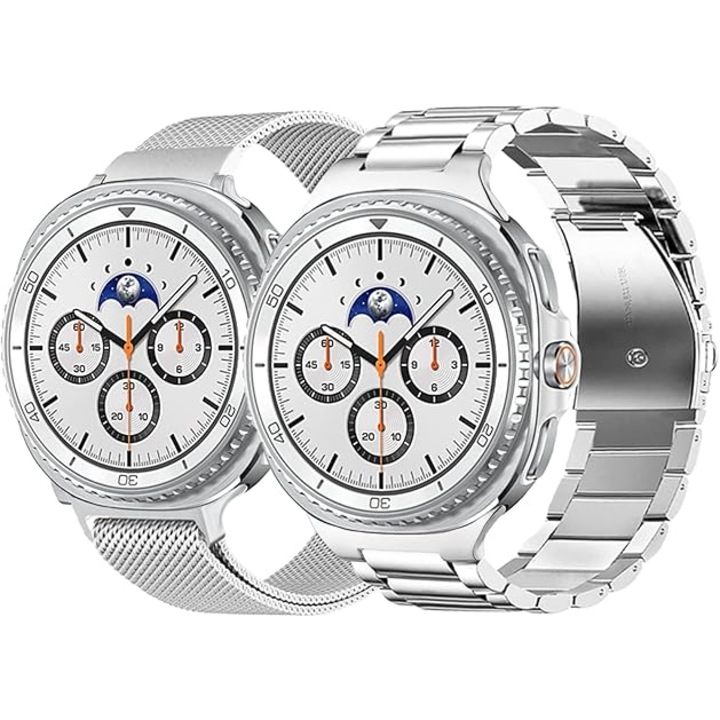 Set 2 Curele Metalice MTP compatibile cu Samsung Galaxy Watch 8 Classic 46mm, Stainless Steel, Quick Release, Silver