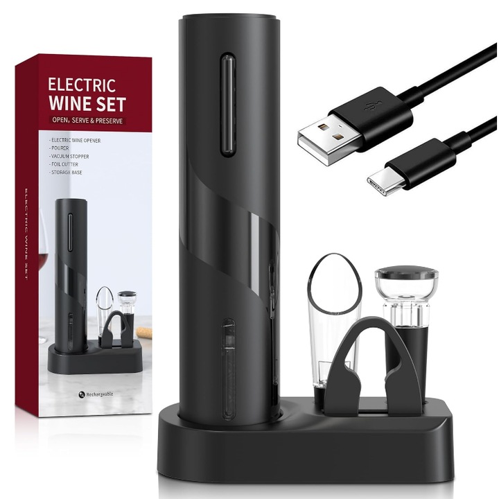 Set 5-in-1 Tirbuson Electric cu Baza Reincarcabila, Include Cutter de Hartie, Distribuitor de Vin, Dop Vacum, Negru