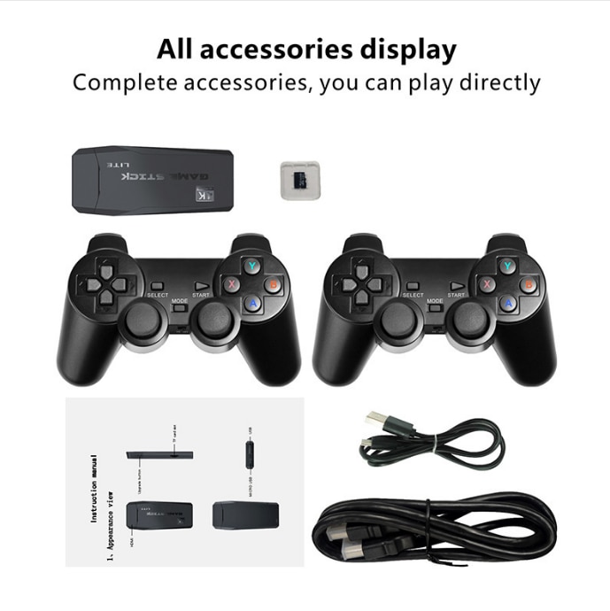 Consola de jocuri retro wireless, 2 controlere negre, receptor HDMI 4K, 20000+ jocuri preinstalate, 9 emulatoare clasice, set pentru TV