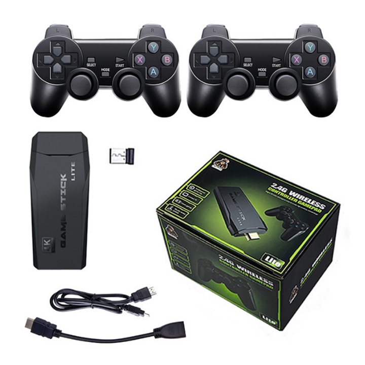 Consola de jocuri retro wireless, 2 controlere negre, receptor HDMI 4K, 20000+ jocuri preinstalate, 9 emulatoare clasice, set pentru TV